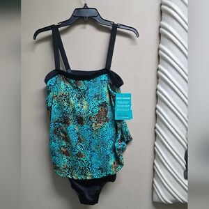 NWT Maxine of Hollywood One Piece Faux Tankini Swim Suit Black Splatter 16W
